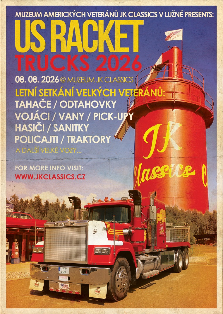 Plakát akce US RACKET TRUCKS 2026 s červeným nákladním vozem a textem o veteránech.